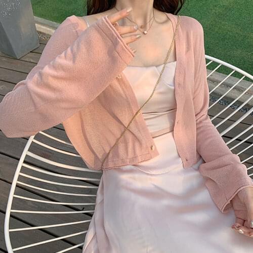 Pink Fashion Knitted Jacket Summer E Girl Full Sleeve V-neck Slim Short Cropped Cardigan New Sweet Cute Solid Women Tshirts 2021