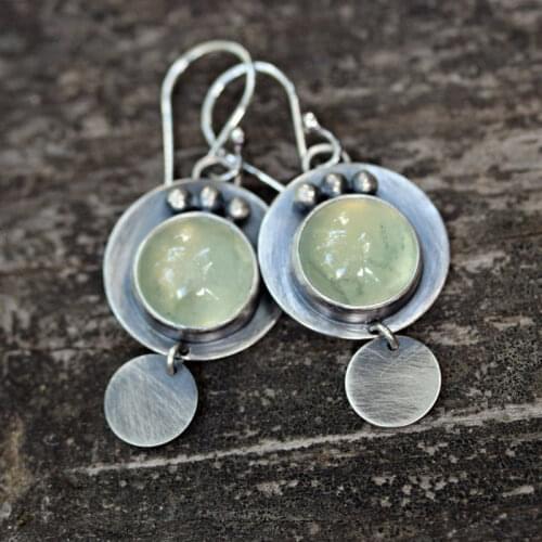 New Vintage Big Round Blue Stone Earrings For Women Boho Tribal Disc Circle Silver Color Metal Hook Dangle Earrings