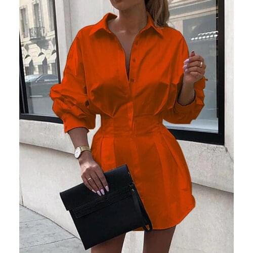 Batwing Sleeve Orange Mini Dress Women Office Lady Pleated Blouse Shirt Dress Autumn High Waist Slim Elegant Short Dress