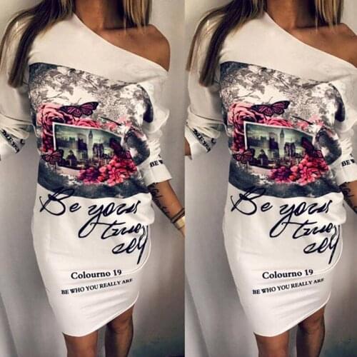Women Casual One Shoulder Mini Dress Fashionable Long Sleeve Dresses Personality Print Loose Dress Vestidos