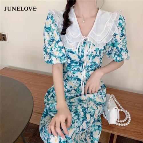 JuneLove Summer Korean Chiffon Women Dress Elegant Vintage Dress Boho Floral Print Sweet Short Sleeve Vestido Clothing 2021 Robe