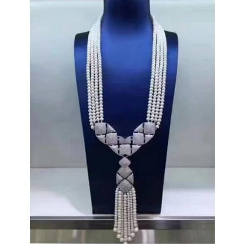 4row 5-6mm natural south sea white pearl pendant necklace 925 freshwater noble jewelry