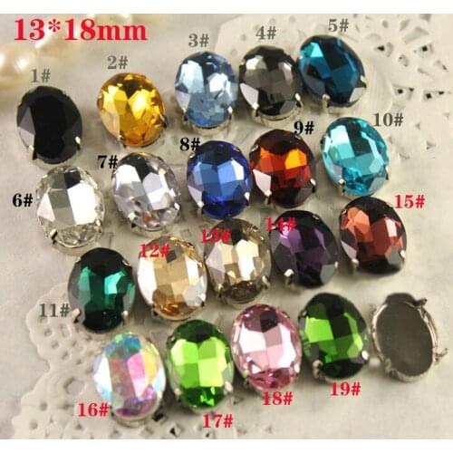 Free Shipping -38 pieces 13*18mm Oval Sew On Glass Crystals with Silver Metal Base Fancy Glass Stone Bead 19 Colors