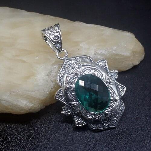 Gemstonefactory Jewelry Big Promotion 925 Silver Vintage Amazing Green Topaz Hot Sale Women Ladies Gifts Necklace Pendant 1095