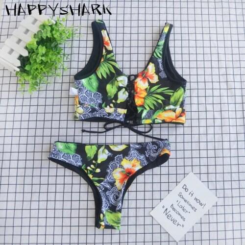 HAPPYSHARK 2019 New Arrival Floral Bikinis Female X Cross Strappy Biquinis Women Swimwear Push Up 2 Pcs Swimsuit Dropshipper