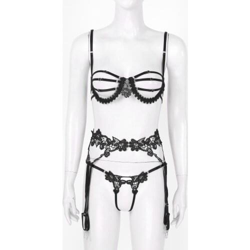 Bra & Brief Set Women Lace Trim Hollow Out Lingerie Set Underwear Adjustable Underwire Bra with Garters Crotchless T-Back Thongs