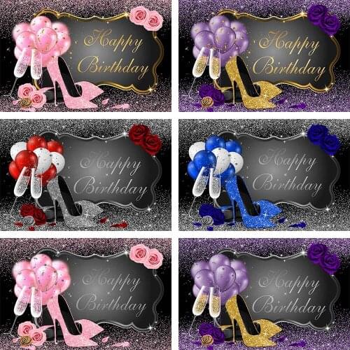 Mehofond Happy Birthday Backdrop Rose Shiny Sequin High Heels Champagne Golden Frame Party Photography Background Photo Studio