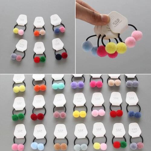 Cute Little Girls' Double Fur Pom Pom Elastic Two Pompom Hair Tie Hair Accessories HT060