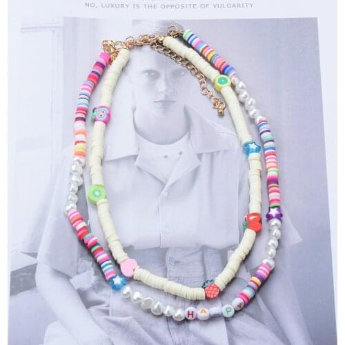 Trendy Polymer Clay Bead Beaded Choker Necklace For Women Bohemian Colorful Multilayer Letter Pearl Necklace Collar Jewelry