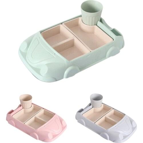 Cartoon Car Plate Baby Dishes Set Bamboo Fiber Plate+Cup Sub-Grid Bowl Childrens Gift Tableware Set Feeding Dishes