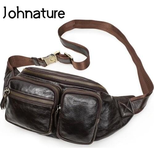 Johnature Fashion Men Waist Packs 2021 New Real Leather First Layer Cowhide Chest Bag Leisure Sports Outdoor Crossbody Bags