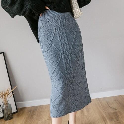 2020 New Autumn Winter Women Retro Twisted Rhombic Plaids Crocheted Knitted Skirt Korean Fashion High Waist Slim Long Skirt