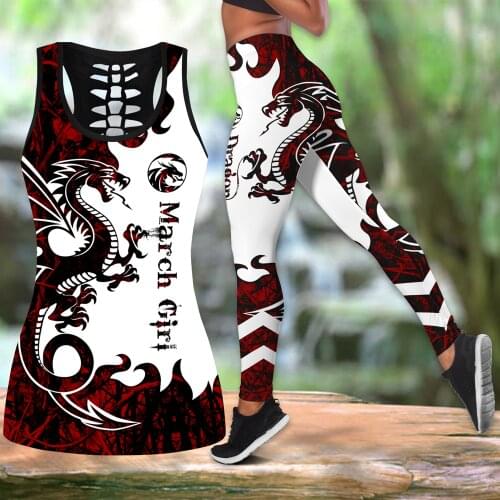 New Women Leggings Fashion Dragon red tattoo March girl Combo3D Printed Vest+ Legging Sexy Elastic Female Skinny Leggings