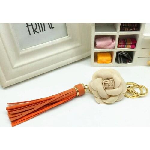 New Arrival Camellia Flower Women Leather Tassel Key Chain Golden Fashion Key Ring Women Bag Pendant Car Keychain EH627