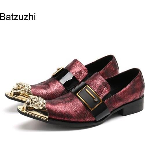 Batzuzhi New Handmade Mens Leather Dress Shoes Pointed Golden Metal Toe Fashion Business, Party and Wedding Shoes Men, Big Size