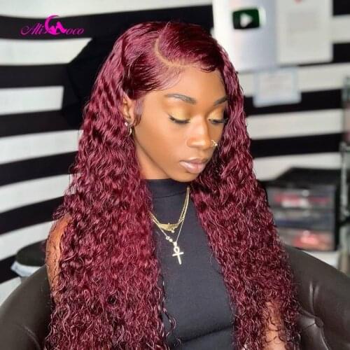 Ali Coco Human Hair Lace Front Wigs Pre plucked Curly Lace Front Wigs 180% Full Density 99j Curly Lace Hair Wigs Bleached Knots