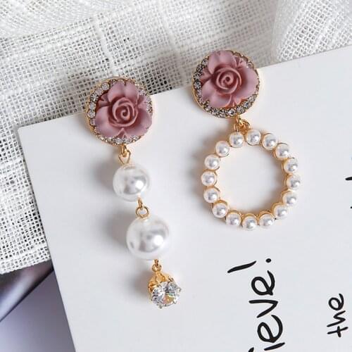 JZTOP Retro Flower Crystal Earrings Woman Rose Imitation Pearls Asymmetrical Geometric Stud Earrings Jewelry Boucle D'oreille