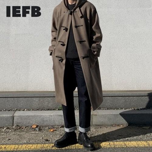 IEFB woolen overcoat for men medium length coat hooded lapel jacket trendy mens horn button tweed windbreaker big size 9Y4241