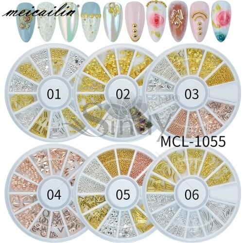 Multi-size Nail Rhinestones 3D Crystal Pearl Gold Silver Rivet Hollow Studs Nail Art Decorations In Wheel Design DIY Tips