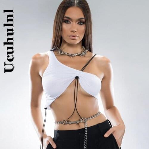Ucuhulnl Ribbed Ruched Drawstring Lace Up Crop Top Irregular One Shoulder Bodycon Sexy Streetwear Party Club 2021 Summer Clothes