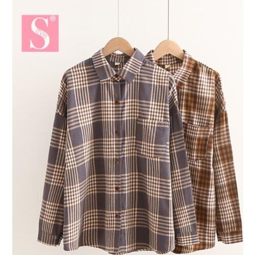 STVT Blusas Femininas Womens Casual Loose Plaid Blouse 2020 New Spring Autumn Women Shirt Long Sleeve Lapel Ladies Shirts Tops