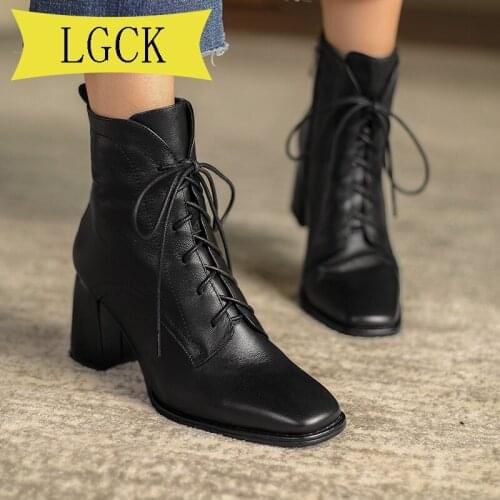Plus Size 34-39 Fashion Woman Ankle Boots High Quality Genuine Leather Handmade Autumn Winter Boots Cross-Tied High Heels Boots