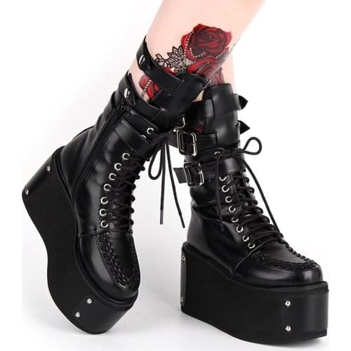 Fashion Spring Women High Heels Platform Shoes Dark Gothic Short Boot New College Muffin Shoe Female Thick Bottom Punk Boots