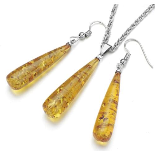 Exquisite Womens Chic Teardrop Baltic Pendant magnificent Necklace and Earring Unique Wedding Stylish Jewelry Set DL40601