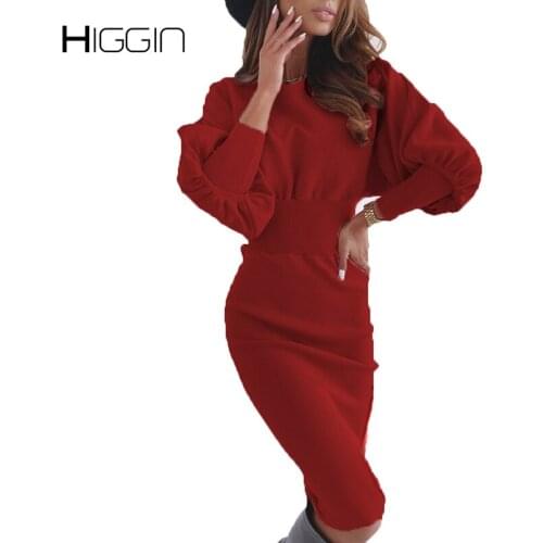 Women Slim Package Hip Dresses O Neck Lantern Sleeve Ladies High Waist Knitted Dress Female Elegant Mid Dress For Autumn Winter