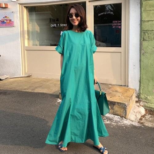 New 2020 Korean Chic Style Dress For Women O Neck Short Sleeve Oversize Loose Casual Maxi Trumpet Dresses Female Clothes