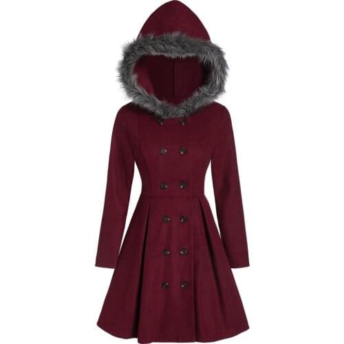 Women Top Faux Fur Double Breasted Pleated Coat Girls Long Oversized Woolen Blend Coat Wine Red Hooded Winter Overcoat Female
