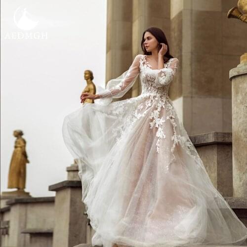 Aedmgh A-Line Wedding Dresses 2021 V- Neck Long Sleeve Court Train Vestido De Novia Lace Appliques Backless Illusion Bride Dress