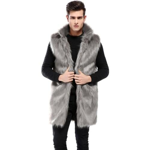 2018 New Winter Fashion Men Fox Fur Coat Faux Fur Slim Fit Leather Jacket,Casual Sleeveless Vest Long Overcoat Section Size XXXL