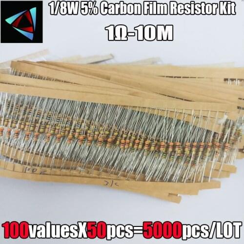 1/8W 5% 1R~1M 100valuesx50pcs=5000pcs 0.125W Carbon Film Resistor Assorted Kit