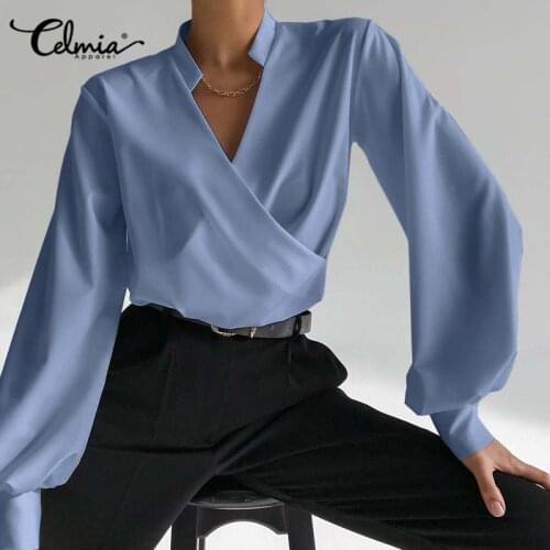 Womens Blouse Celmia Fashion Long Lantern Sleeve Elegant Blouse Solid Loose Casual Irregular Tunic Tops Sexy V Neck Streetwear