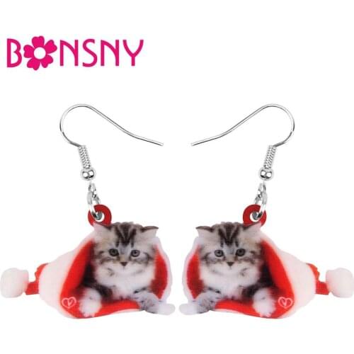 Bonsny Acrylic Christmas Hat Short Hair Cat Kitten Earrings Drop Dangle Sweet Animal Jewelry For Women Girl Teen Decoration Gift