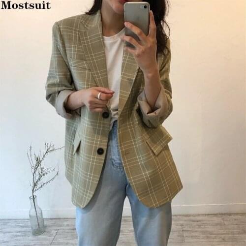 Spring Autumn Vingate Loose Plaid Blazer Women Long Sleeve Single Breasted Notched Pockets Korean Jackets 2021 Ladies Blazers