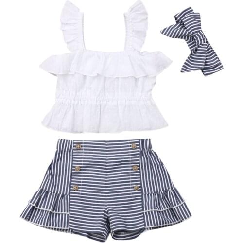 Summer Toddler Baby Girl Clothes Sets Kids Sleeveless Ruffle Strap Tops+Striped Shorts+Headband 3pcs Outfits Casual Clothing
