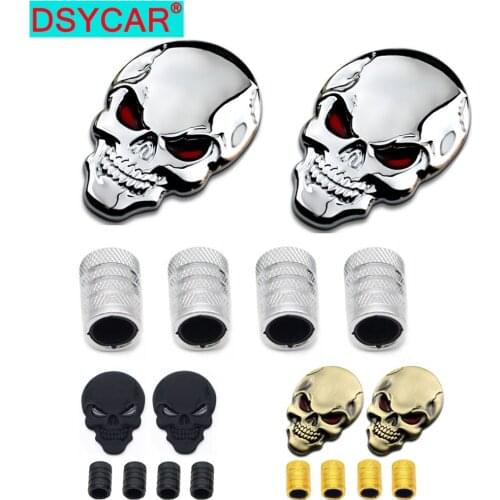 Dsycar 3D Metal Skull Head Car Badge Emblem Sticker +4Pcs Knurled Style With Plastic Core Valve Caps for Universal Car Styling