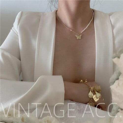Fashion Retro Butterfly Necklace Pearl Female European and American Necklace Natural Pearl Cold Wind Necklace Female Trend