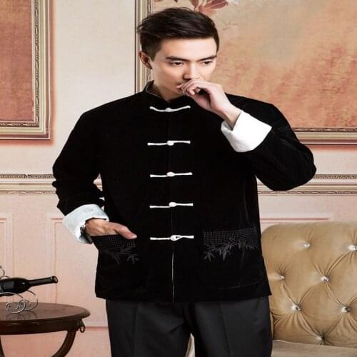 Ethnic costume men long sleeved jacket, cotton padded clothes in elderly male costume with autumn and winter coat