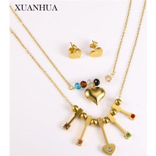 XUANHUA Stainless Steel Jewelry Sets Heart Key Multi Layer Necklace Earrings Set Fashion Jewelry Accessories Gifts For Girls