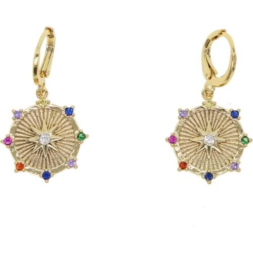 2019 new girls dangle gold color pave cz 16mm sunburst northstar earring christmas gift tiny colorful stone earring