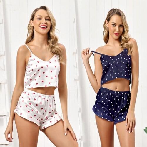 Sleepwear Sexy Deep V-Neck Pajamas Set for Women Female Heart Print Sleeping Pajamas Summer Sleeveless Nightwear with Shorts