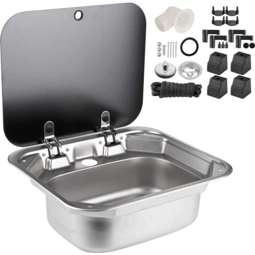 Stainless Steel Hand Wash Basin Sink Foldable Kitchen Single Basin with Tempered Glass Lid for RV Caravan RV Boat Accessories