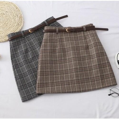 Retro Plaid Skirt Women A-Line Short Skirt 2021 Autumn New Korean High Waist Mini Skirt Office Lady Bodycon Hip Skirts With Belt