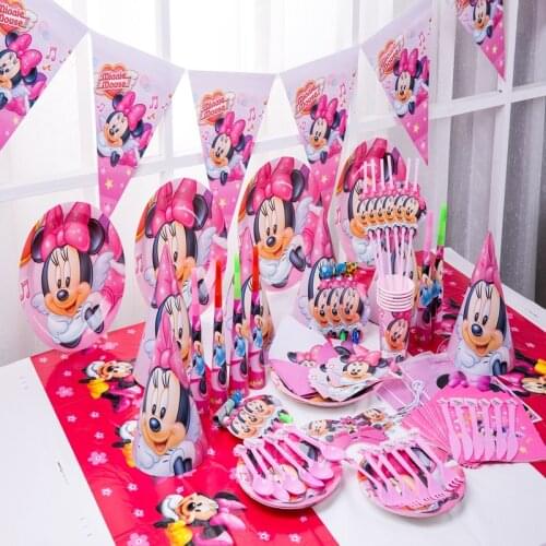 Pink Minnie Mouse Theme Party Disposable Tableware Set Plates Cups Flags Banner Childrens Birthday Party Decor Supplies