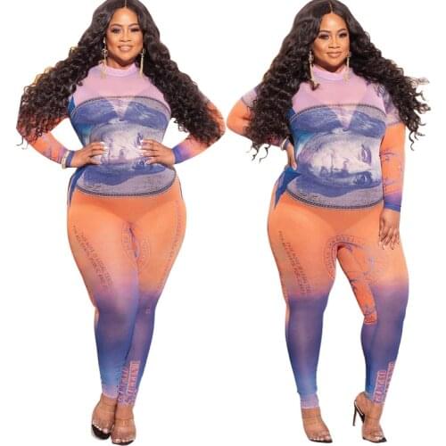 Sexy Boho Printed Mesh See Through Jumpsuit Autumn Skinny Slim Fitness Long Sleeve Workout Club Womens Rompers Playsuit Big Size