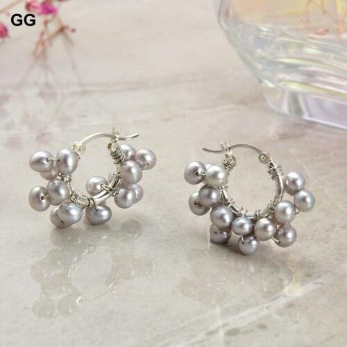 GuaiGuai Jewelry Freshwater Cultured Gray Pearl Silver Hoop Earrings