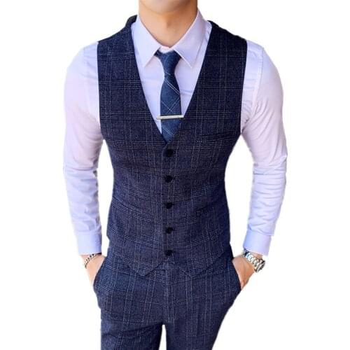 Blue mens plaid suit pants and vest set, business, wedding, party trousers vests large size 3xl autumn Waistcoat pants men